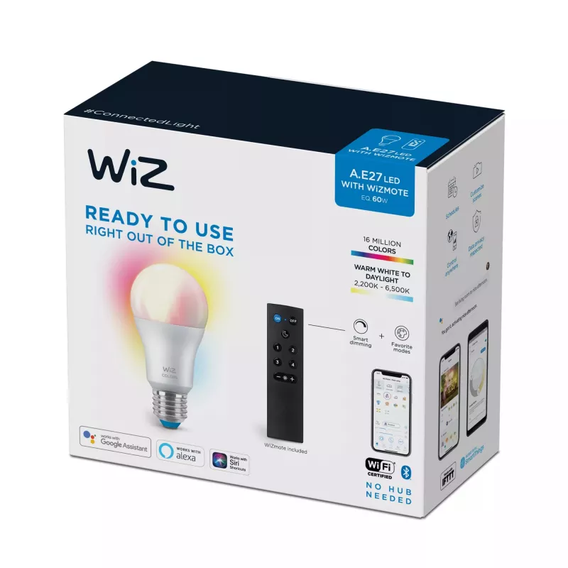 WiZ lemputė 8W (attik. 60W) A60 E27 x1 + Nuotolinio valdymo pultelis, Išmanioji lemputė, Wi-Fi/Bluetooth, Balta, Wi-Fi 4 (802.11n), 802.11b, 802.11g, LED, E27