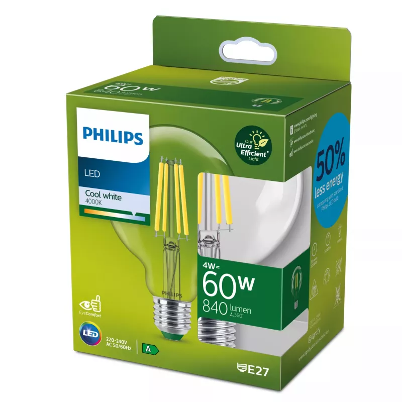 Philips kaitrinė lemputė skaidri 60W G95 E27, 4 W, 60 W, E27, 840 lm, 50000 h, šalta balta