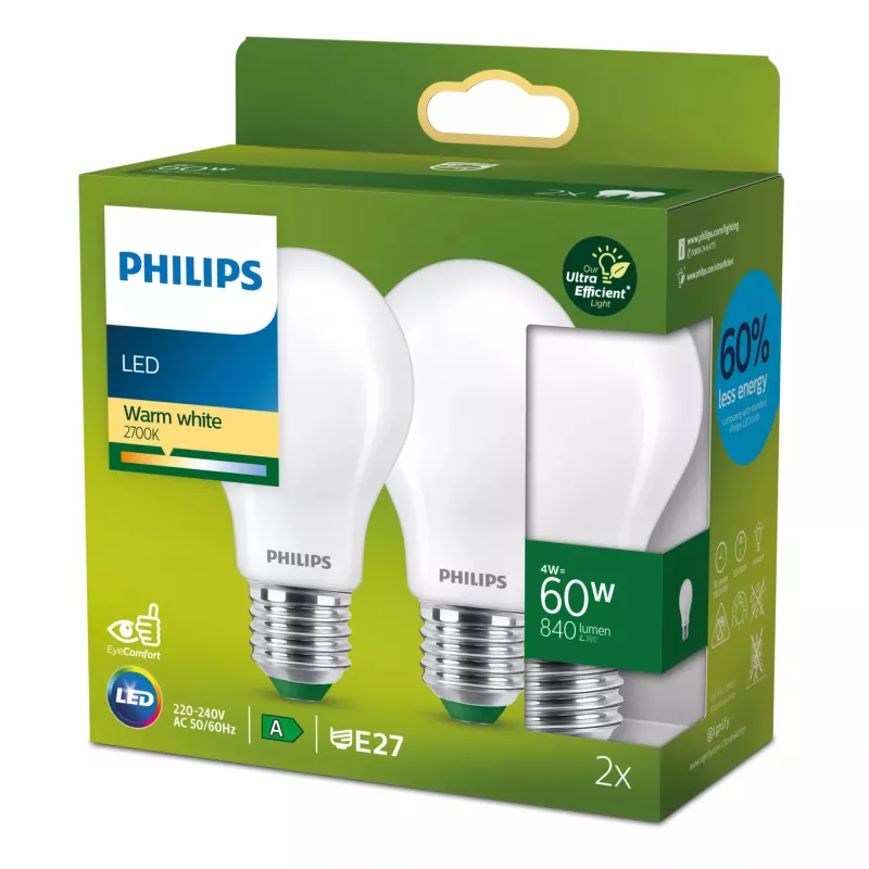 Philips Filamentinė lemputė matinė 60W A60 E27 4W šilta balta 840lm