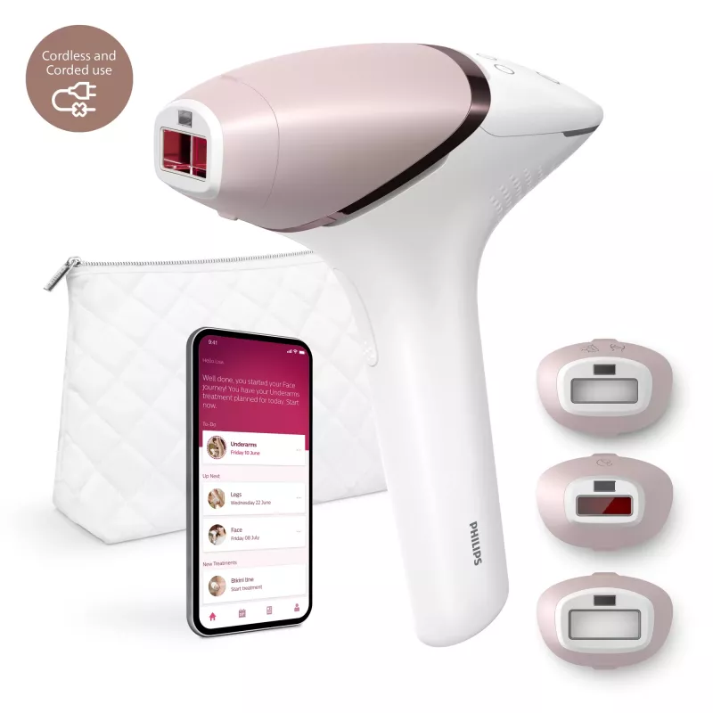 IPL plaukų šalinimo prietaisas „Philips Lumea 9000 Series BRI955/01“ — SenseIQ, baterija, auksinė/baltas, visos kojos 8,5 min.