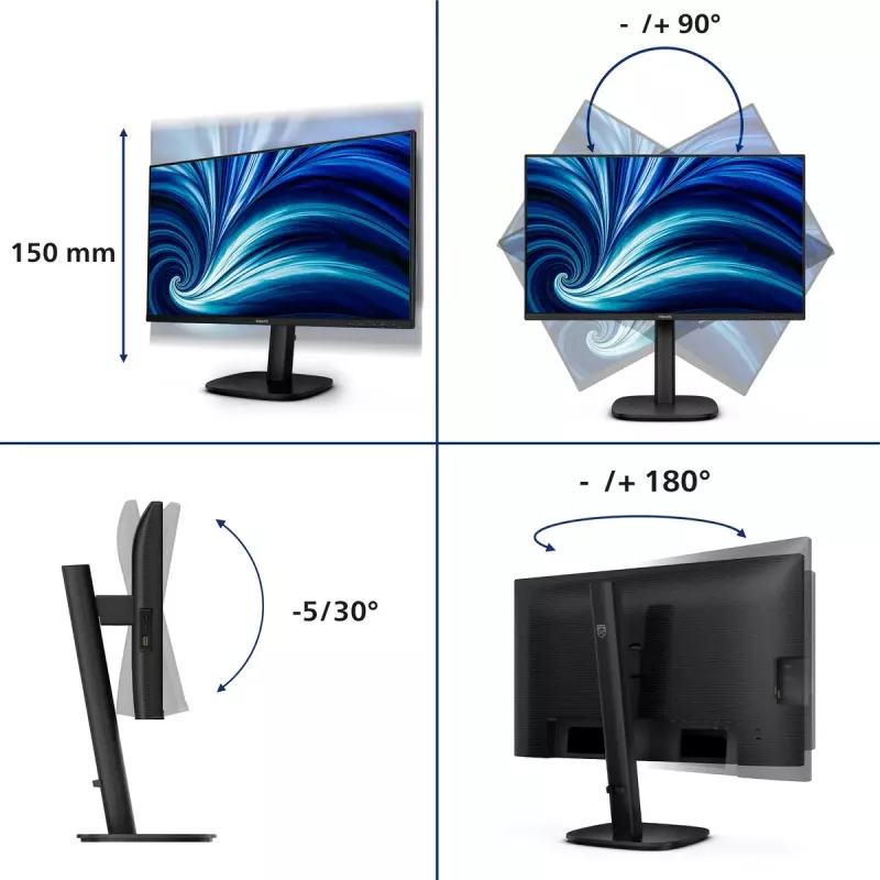 Monitorius Philips 24B2U3601 23,8 col. (60,5 cm) IPS Quad HD 2560x1440, USB 3.2 šakotuvas, USB-C, garsiakalbiai, reguliuojamas aukštis, VESA, juodas