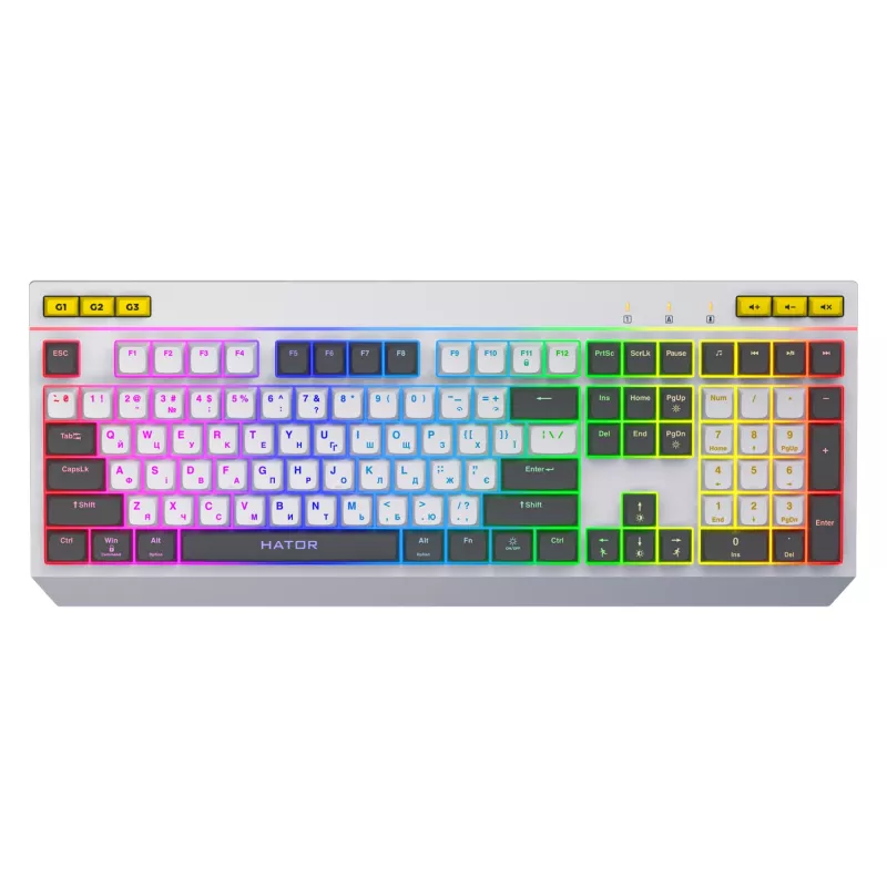 HATOR Icefall klaviatūra, žaidimams, USB, QWERTY, JAV anglų k., balta, pilno dydžio, RGB LED