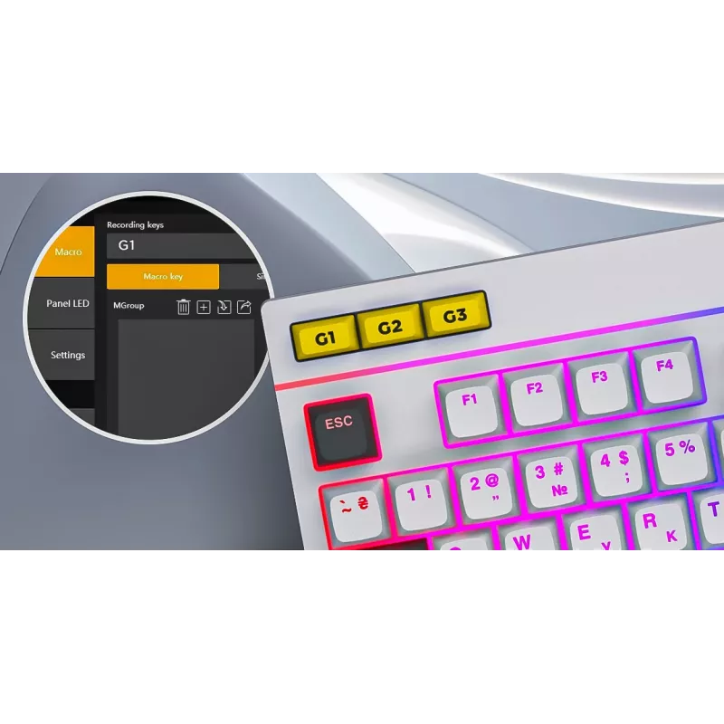 HATOR Icefall klaviatūra, žaidimams, USB, QWERTY, JAV anglų k., balta, pilno dydžio, RGB LED