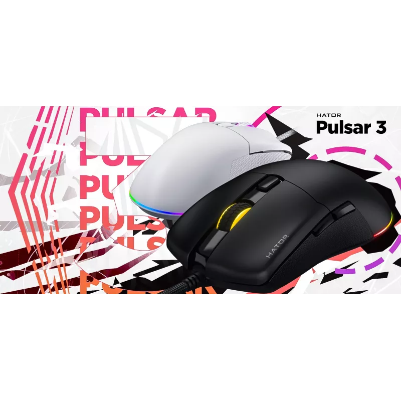 Pelė HATOR Pulsar 3 optinė geltona 12000 DPI 6 mygtukai balta