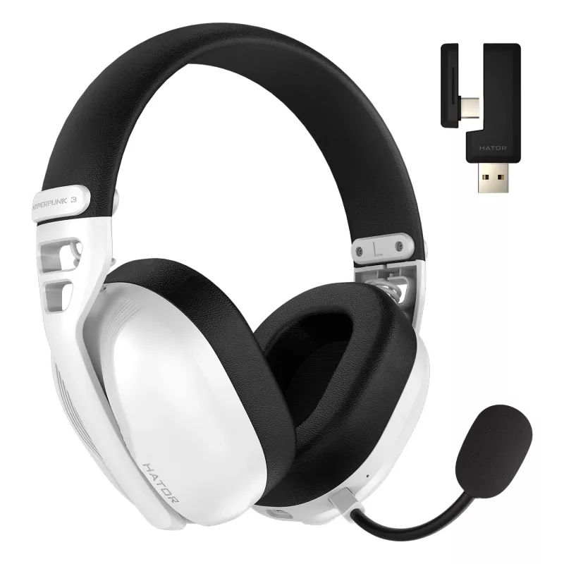 HATOR Hyperpunk 3 Wireless ausinės su laidu ir belaidžiu ryšiu, ant galvos dedamos, žaidimams, USB-C / USB-A, Bluetooth, baltos