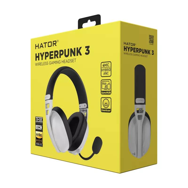 HATOR Hyperpunk 3 Wireless ausinės su laidu ir belaidžiu ryšiu, ant galvos dedamos, žaidimams, USB-C / USB-A, Bluetooth, baltos