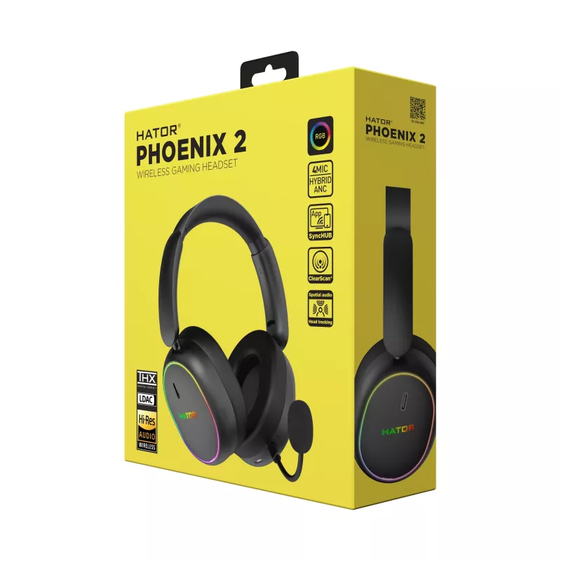 HATOR Phoenix 2 Wireless ausinės su mikrofonu laidinis ir belaidis ant galvos žaidimams USB Type-C / USB Type-A Bluetooth juoda