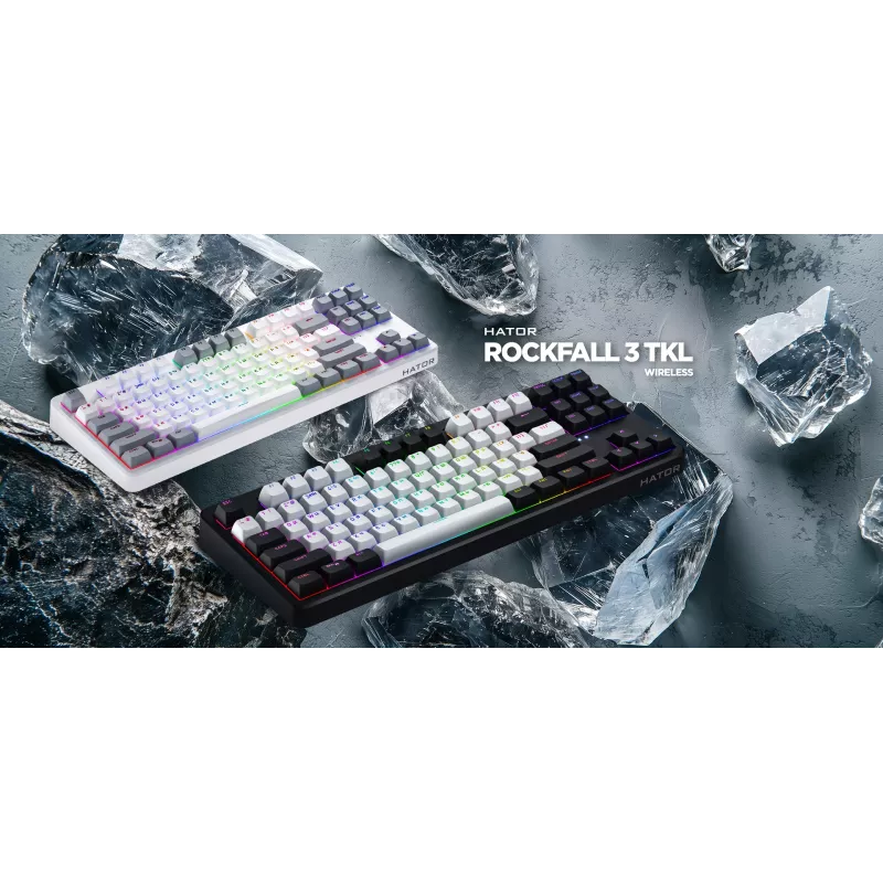 HATOR Rockfall 3 TKL Wireless, juoda, QMK/VIA, OMA profilio baltai juodi klavišų dangteliai Klaviatūra - linijiniai mechaniniai hotswap jungikliai - US - ANSI išdėstymas (HTK850)