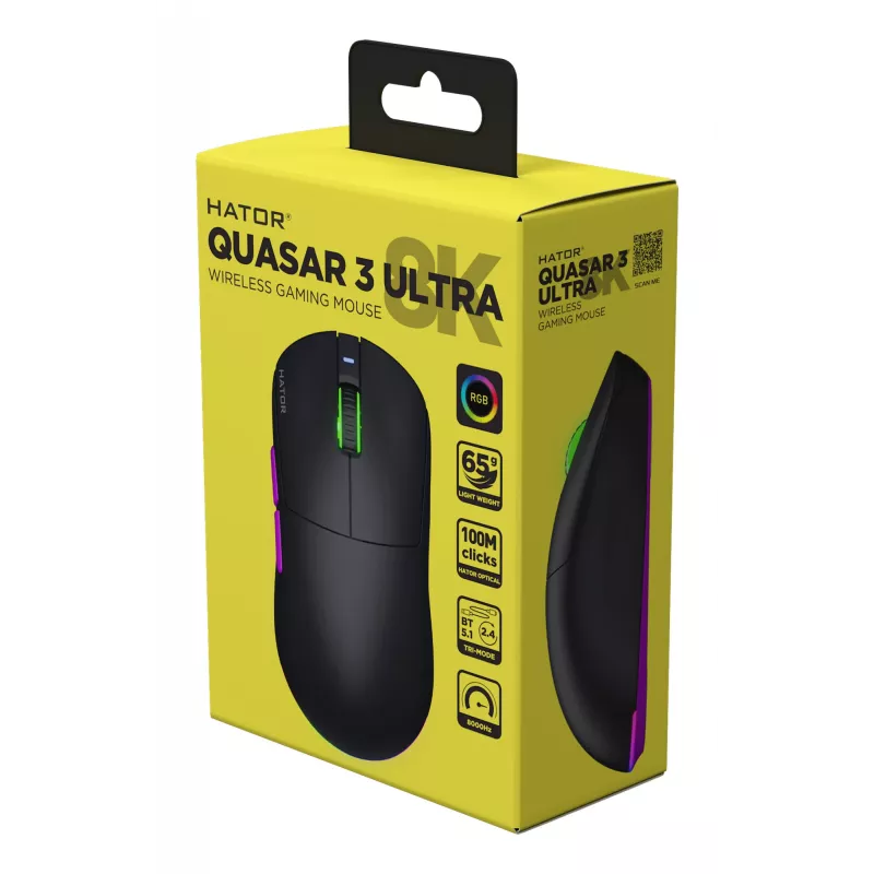 HATOR Quasar 3 Ultra 8K belaidė pelė, skirta žaidimams, abiem rankoms tinkama, RF Wireless + Bluetooth + USB Type-A, optinė, 30000 DPI