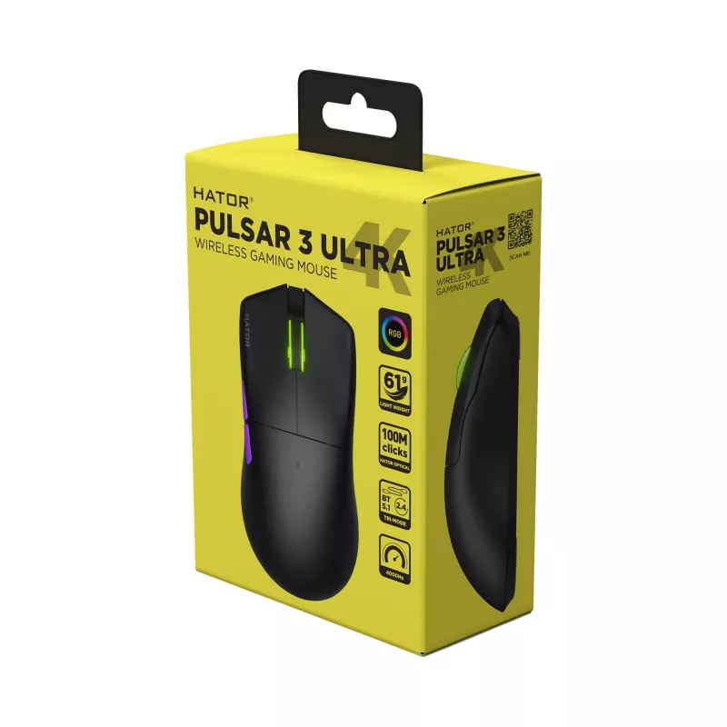 HATOR Pulsar 3 ULTRA 4K Wireless pelė Žaidimams Dešiniarankiams RF belaidis + Bluetooth + USB A tipo Optinė 30000 DPI