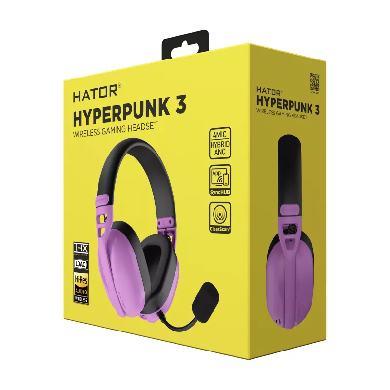 HATOR Hyperpunk 3 Wireless ausinės laidinės ir belaidės ant galvos dedamos žaidimams USB Type-C / USB Type-A Bluetooth violetinės