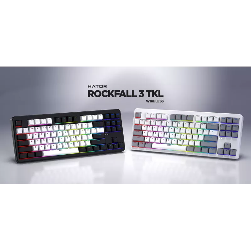 “HATOR Rockfall 3 TKL Wireless”, balta, QMK/VIA, OMA profilio baltai juodos klavišų kepurėlės Klaviatūra - linijiniai mechaniniai hotswap jungikliai - US - ANSI išdėstymas