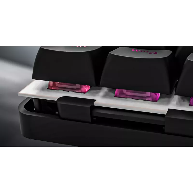 “HATOR Rockfall 3 TKL Wireless”, balta, QMK/VIA, OMA profilio baltai juodos klavišų kepurėlės Klaviatūra - linijiniai mechaniniai hotswap jungikliai - US - ANSI išdėstymas