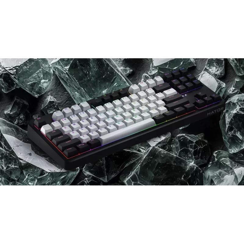 “HATOR Rockfall 3 TKL Wireless”, balta, QMK/VIA, OMA profilio baltai juodos klavišų kepurėlės Klaviatūra - linijiniai mechaniniai hotswap jungikliai - US - ANSI išdėstymas