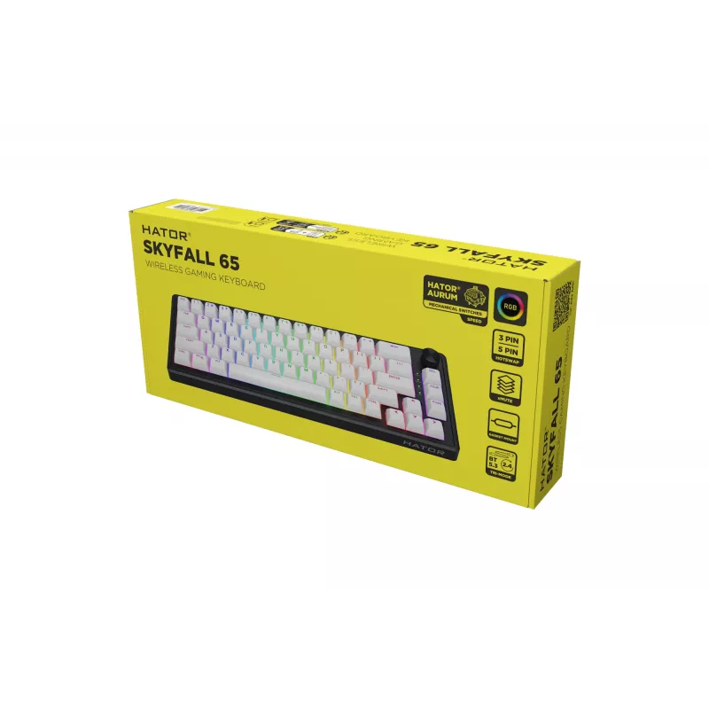 HATOR Skyfall Wireless 65 belaidė klaviatūra, skirta žaidimams, USB + RF belaidis ryšys + Bluetooth, QWERTY, JAV anglų k., juoda, balta