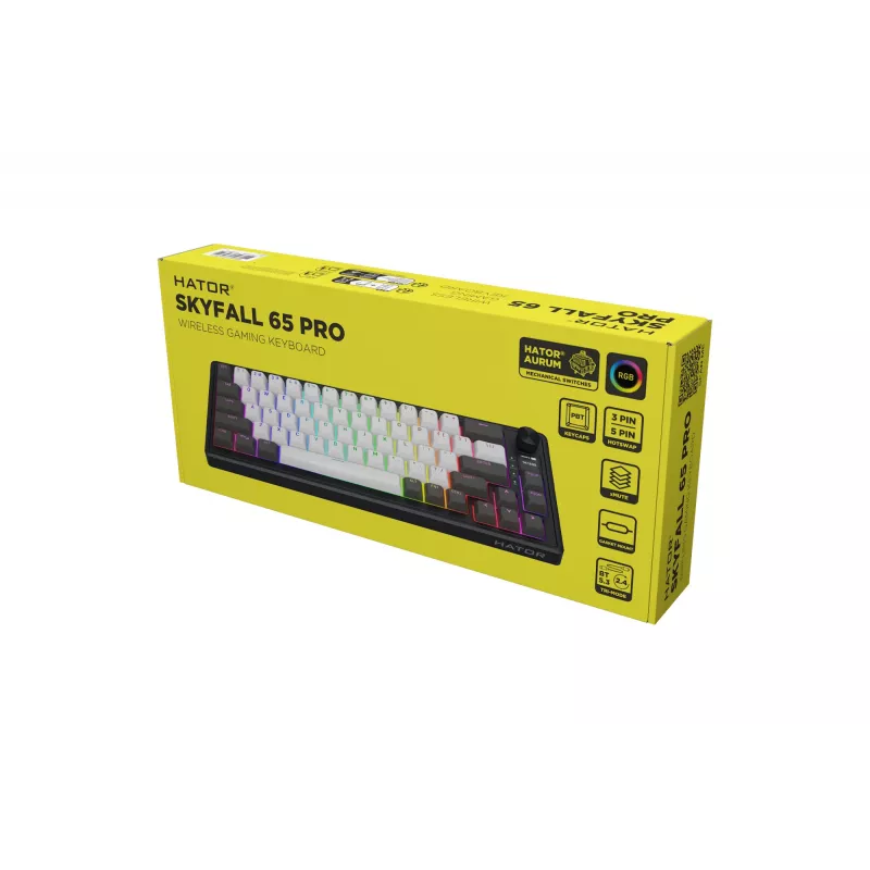 HATOR Skyfall Pro Wireless 65 klaviatūra, žaidimams, USB + RF belaidė + Bluetooth, QWERTY, JAV anglų, juoda, pilka