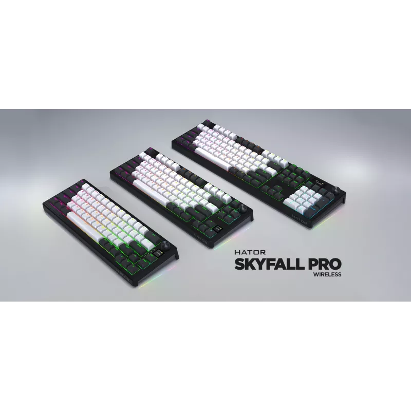 HATOR Skyfall Pro Wireless 65 klaviatūra, žaidimams, USB + RF belaidė + Bluetooth, QWERTY, JAV anglų, juoda, pilka