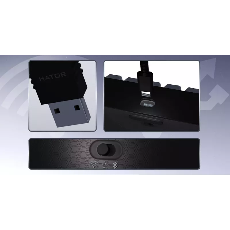 HATOR Skyfall Pro Wireless 65 klaviatūra, žaidimams, USB + RF belaidė + Bluetooth, QWERTY, JAV anglų, juoda, pilka