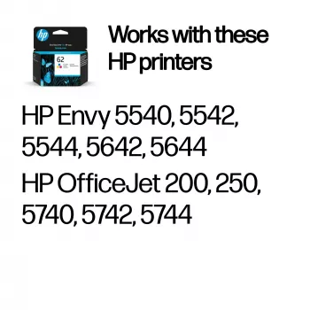 HP 62 Tri-color Originali rašalo kasetė, žalsvai mėlyna, purpurinė, geltona, 1 vnt., 165 puslapiai