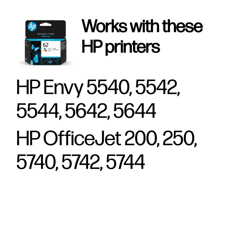 HP 62 Tri-color Originali rašalo kasetė, žalsvai mėlyna, purpurinė, geltona, 1 vnt., 165 puslapiai