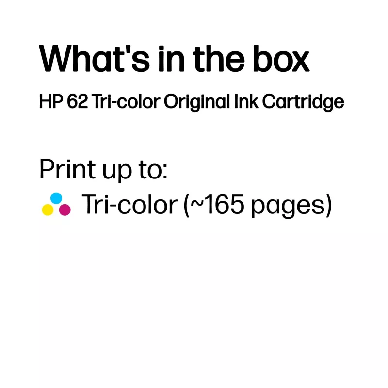 HP 62 Tri-color Originali rašalo kasetė, žalsvai mėlyna, purpurinė, geltona, 1 vnt., 165 puslapiai