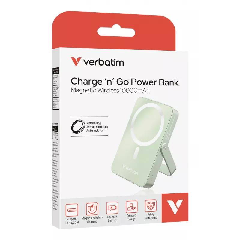 Verbatim Charge 'n' Go magnetinė belaidė išorinė baterija su stoveliu - 10000 mAh, žalia