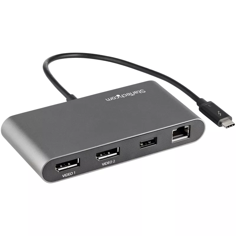 StarTech.com dviejų monitorių Thunderbolt Mini dokas, 4K 60Hz DisplayPort, nereikalaujanti tvarkyklių universalioji stotelė, skirta Windows ir Mac, Gigabit Ethernet, 1x USB-A (USB 5Gbps), 28 cm laidas