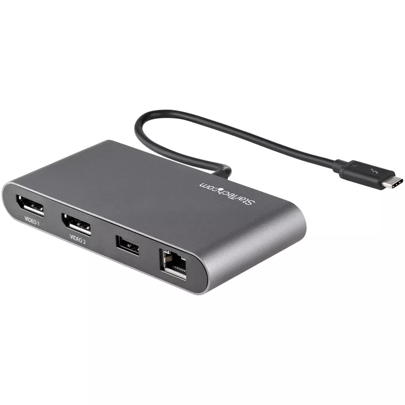 StarTech.com dviejų monitorių Thunderbolt Mini dokas, 4K 60Hz DisplayPort, nereikalaujanti tvarkyklių universalioji stotelė, skirta Windows ir Mac, Gigabit Ethernet, 1x USB-A (USB 5Gbps), 28 cm laidas