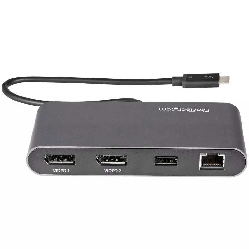 StarTech.com dviejų monitorių Thunderbolt Mini dokas, 4K 60Hz DisplayPort, nereikalaujanti tvarkyklių universalioji stotelė, skirta Windows ir Mac, Gigabit Ethernet, 1x USB-A (USB 5Gbps), 28 cm laidas