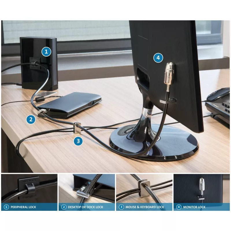 “Kensington Desktop & Peripherals Locking Kit 2.0”, 2,44 m, “Kensington”, raktinis, anglinis plienas, juoda, sidabrinė