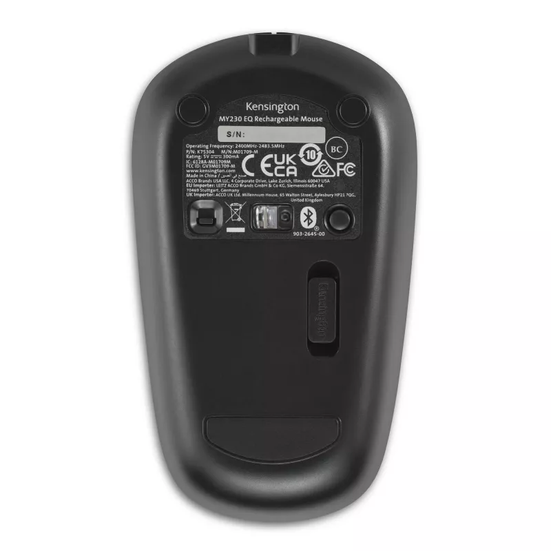 Kensington MY230 EQ Įkraunama pelė – Belaidė – Vidutinio dydžio, abiem rankoms tinkama, RF belaidė + Bluetooth, 1200 DPI, juoda