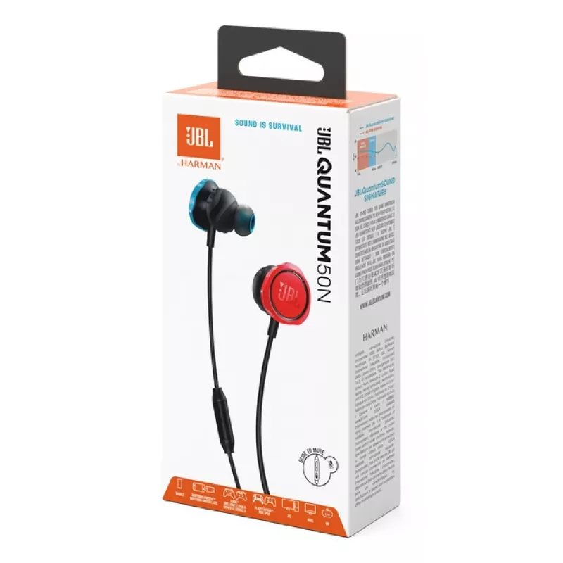 JBL Quantum 50N ausinės su mikrofonu, laidinės, į ausis dedamos, juodos, mėlynos, raudonos