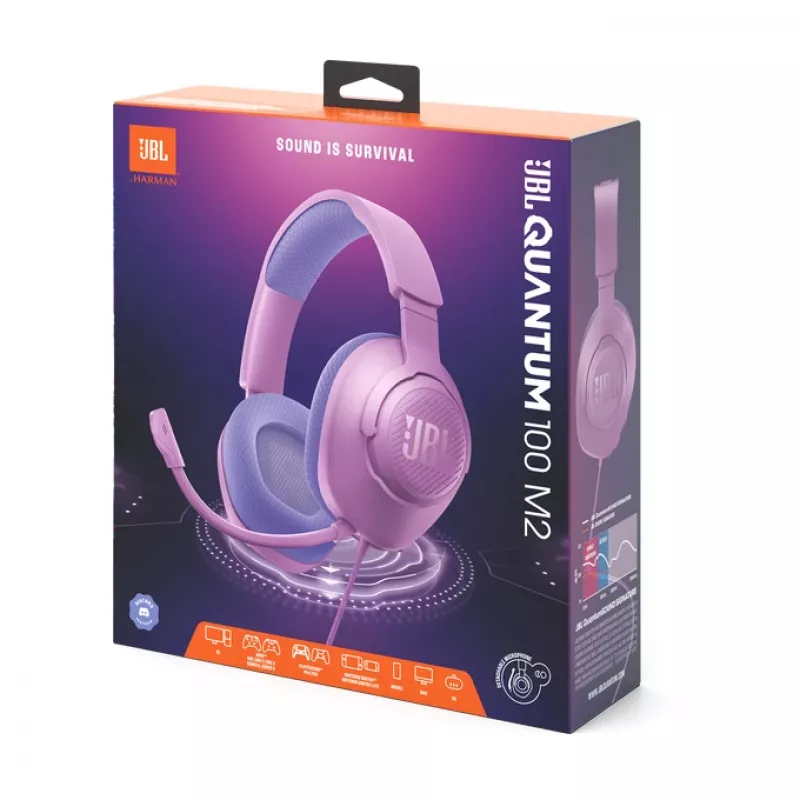 Laidinės ant galvos dedamos žaidimų ausinės JBL Quantum 100M2 — circumauralinės, 20–20000 Hz, 1,2 m laidas, violetinė
