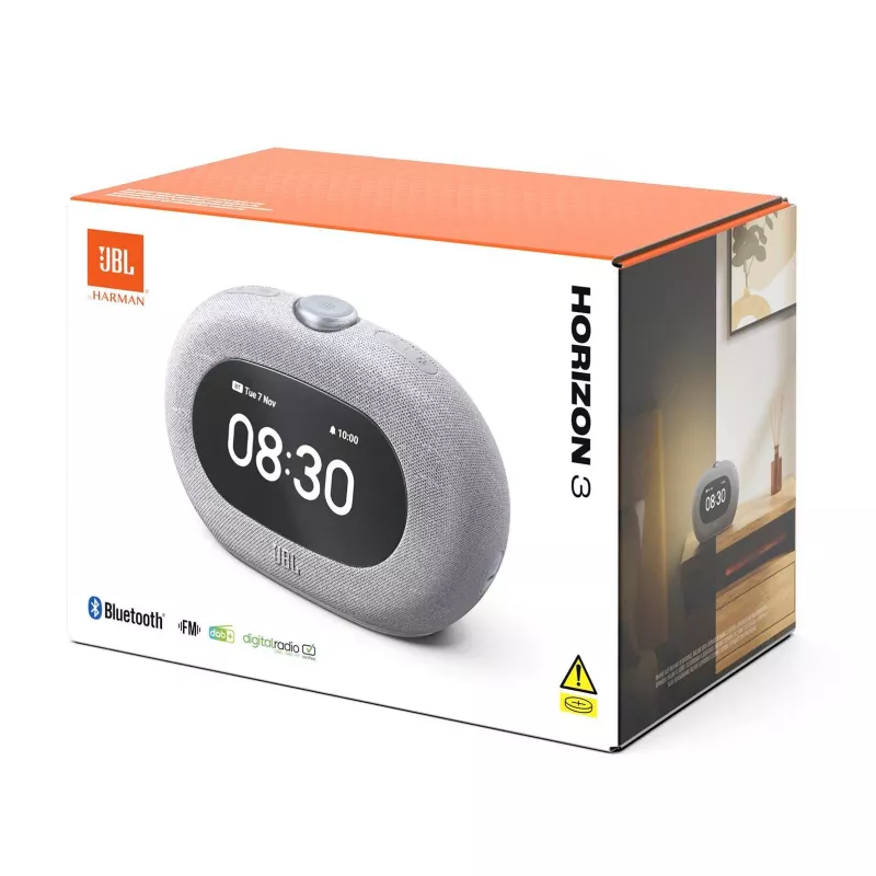 Radijo laikrodis JBL Horizon-3 — DAB/DAB+/FM, 5 W RMS, LCD ekranas, 65–20000 Hz, sukamasis garsumas, pilka