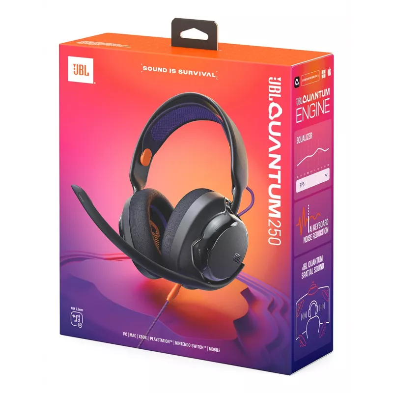 JBL Quantum 250 ausinės su laidu, ant galvos dedamos, žaidimams, juodos