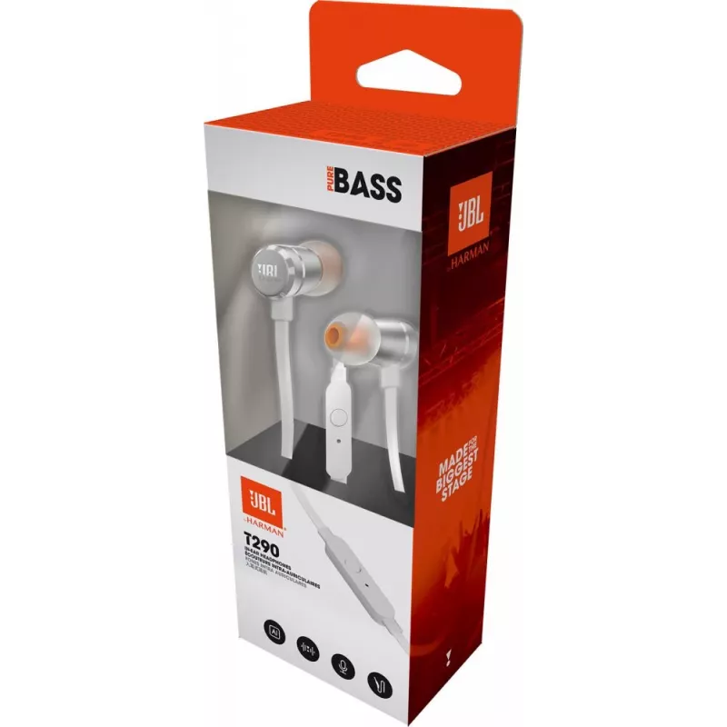 JBL T290 ausinės laidinės į ausis įdedamos skambučiams/muzikai sidabrinės