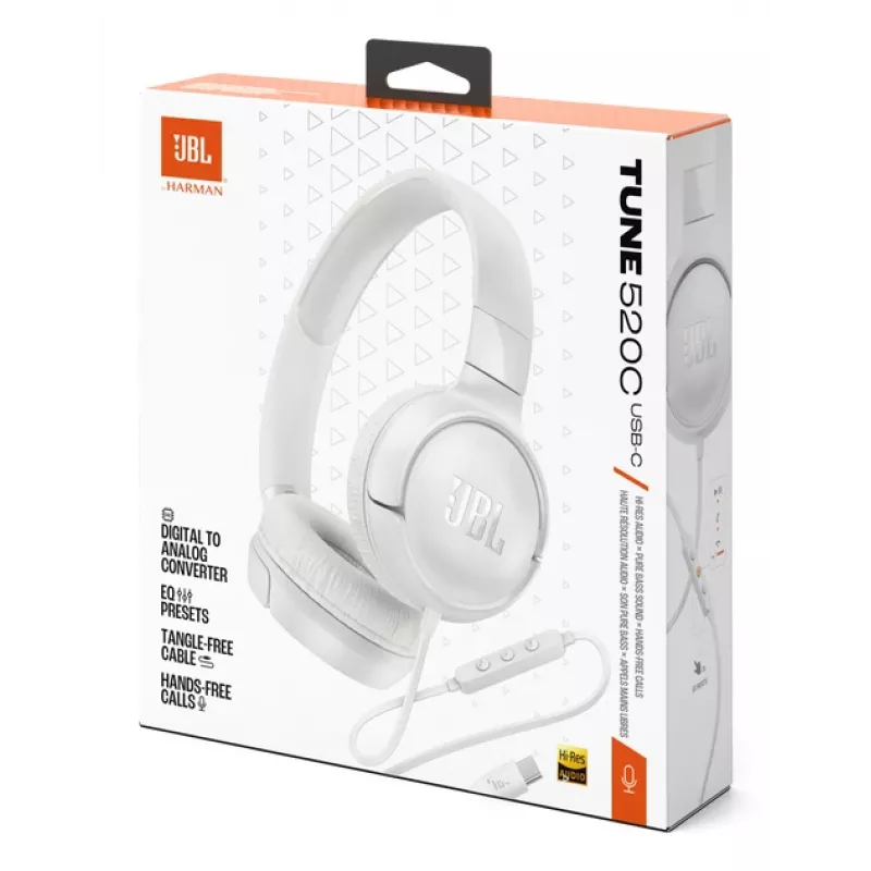 JBL Tune 520C USB-C ausinės laidinės galvos juostos pokalbiams / muzikai USB Type-C baltos