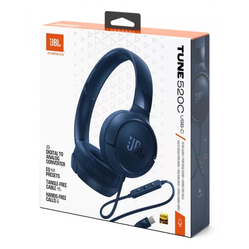 JBL Tune 520C USB-C ausinės laidinės galvos lankelis skambučiai/muzika USB Type-C mėlyna