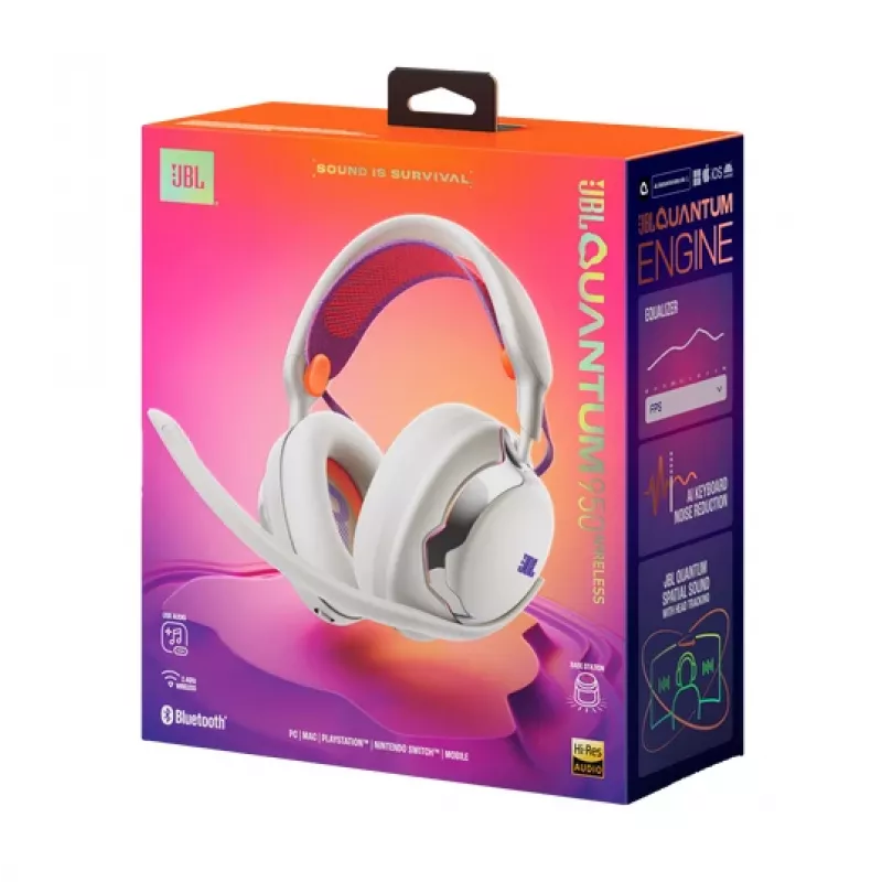 JBL Quantum 950 ausinės belaidės ant galvos žaidimams USB Type-C Bluetooth įkrovimo stovas oranžinė, sidabrinė, balta