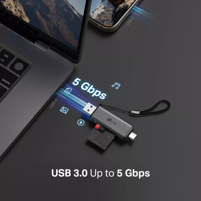 Kortelių skaitytuvas TP‑LINK UA430D USB 3.1 — MicroSD/SD palaikymas, 200 Mbit/s, juodas, 75×22,9×9,3 mm