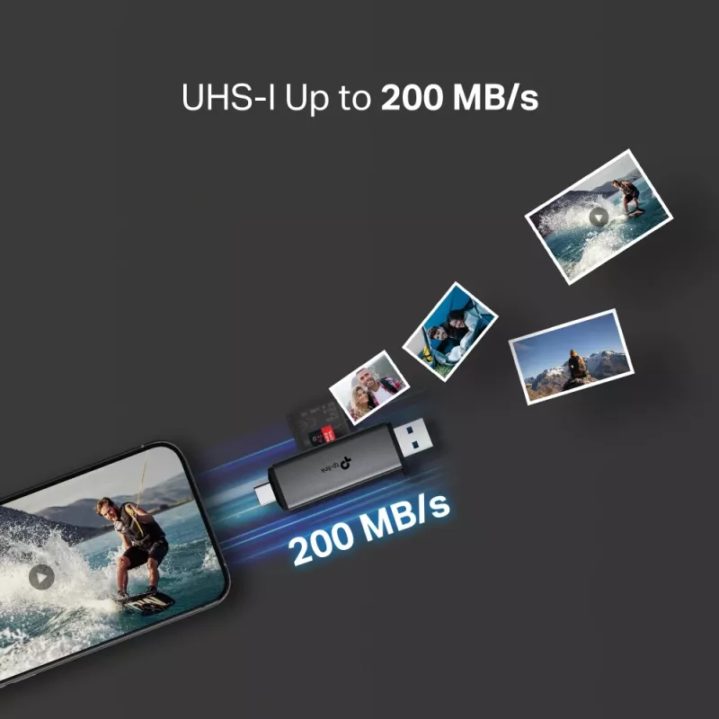 Kortelių skaitytuvas TP‑LINK UA430D USB 3.1 — MicroSD/SD palaikymas, 200 Mbit/s, juodas, 75×22,9×9,3 mm