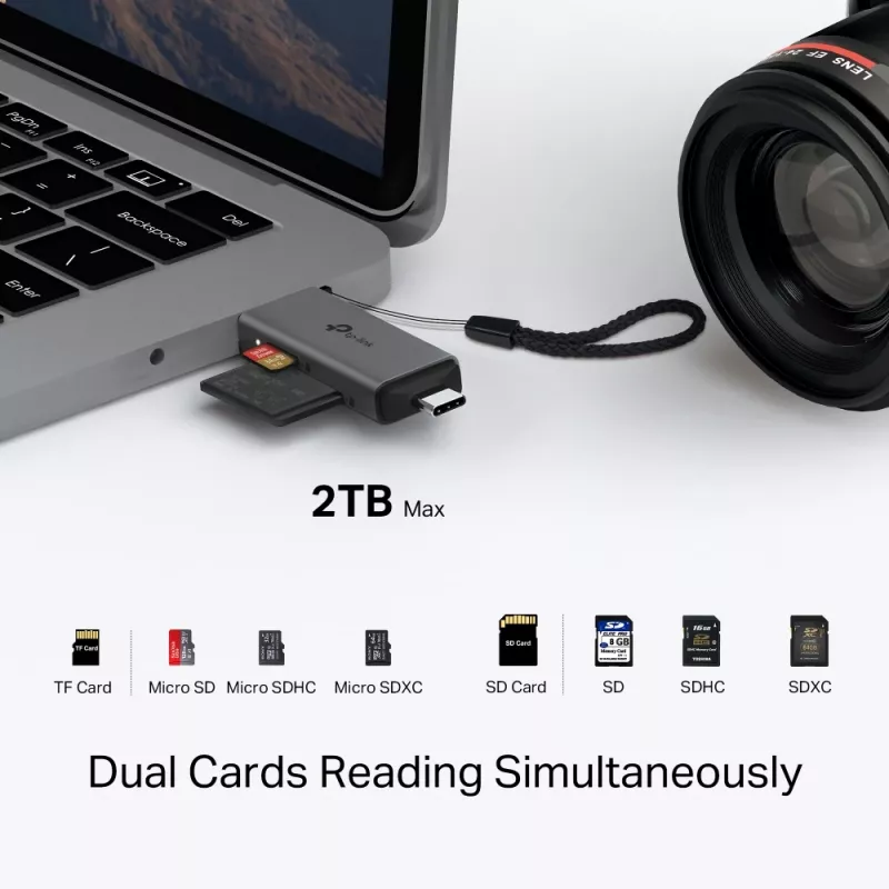 Kortelių skaitytuvas TP‑LINK UA430D USB 3.1 — MicroSD/SD palaikymas, 200 Mbit/s, juodas, 75×22,9×9,3 mm