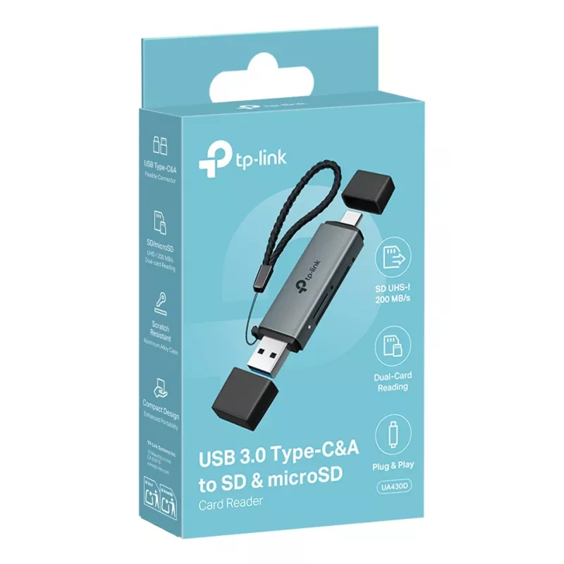 Kortelių skaitytuvas TP‑LINK UA430D USB 3.1 — MicroSD/SD palaikymas, 200 Mbit/s, juodas, 75×22,9×9,3 mm