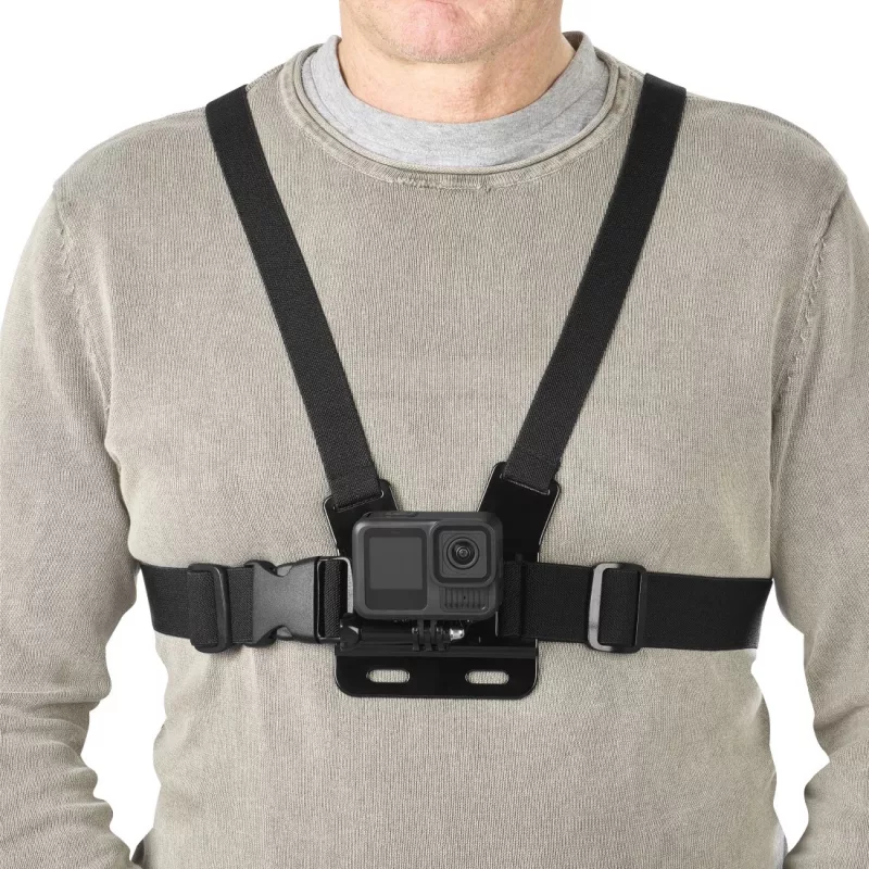 Fotoaparato krūtinės diržai HAMA 00004567 veiksmo kameroms (suderinama su GoPro), juodi, reguliuojamas krūtinės laikiklis