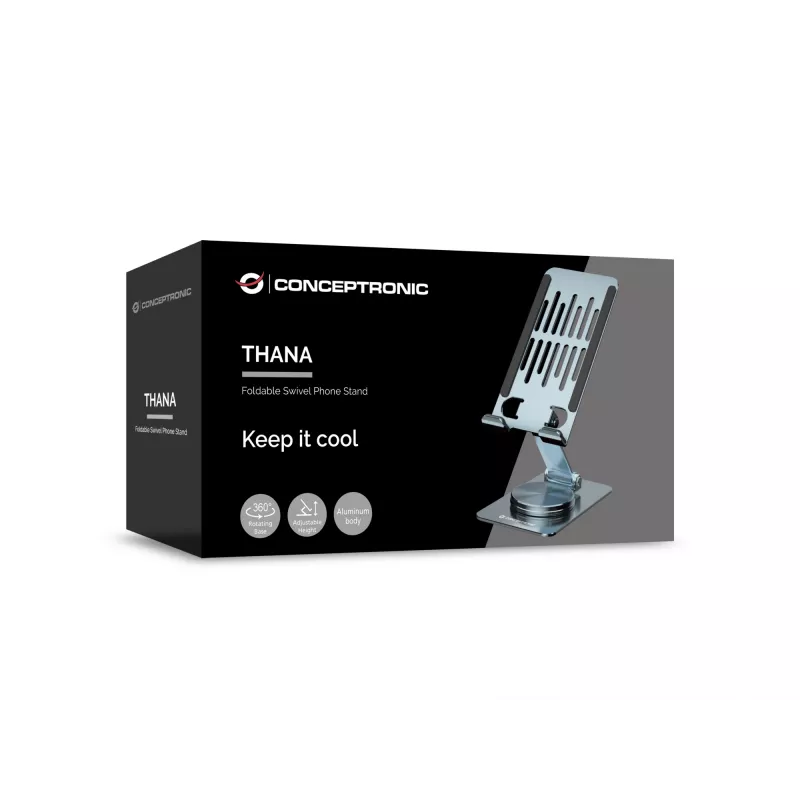 Sulankstomas pasukamas telefono stovas CONCEPTRONIC THANA08G, 360° sukama bazė, reguliuojamas aukštis, sidabrinis