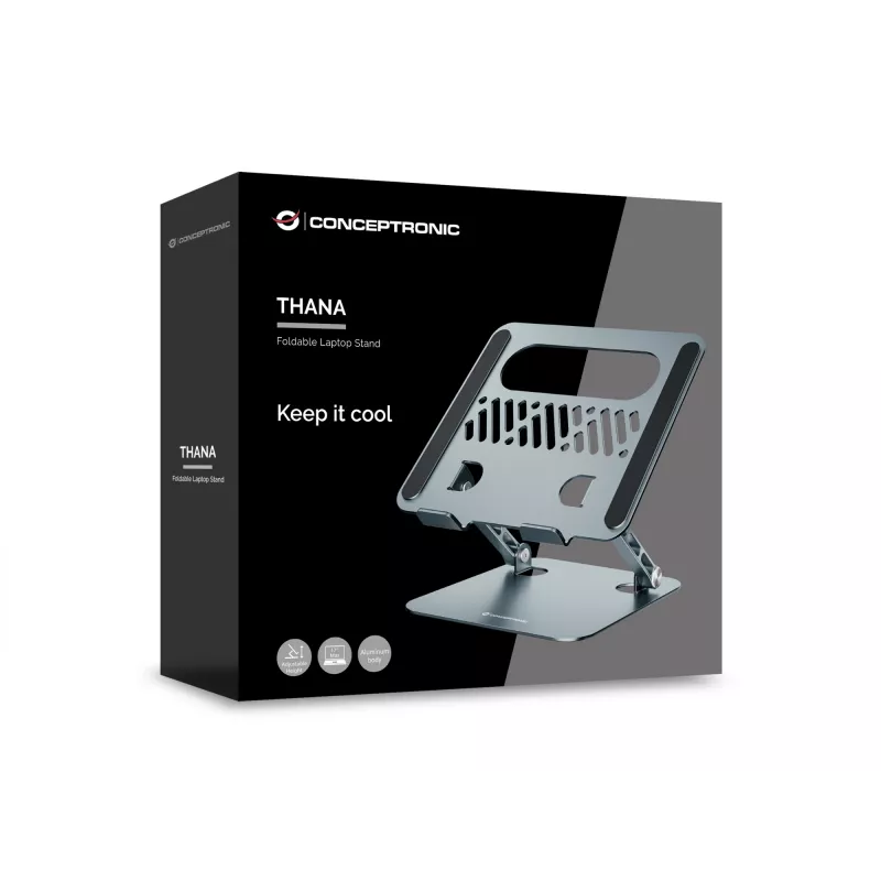 Nešiojamojo kompiuterio stovas CONCEPTRONIC THANA10G — sulankstomas aliuminis, reguliuojamo aukščio, pilkas, 240×220×50 mm