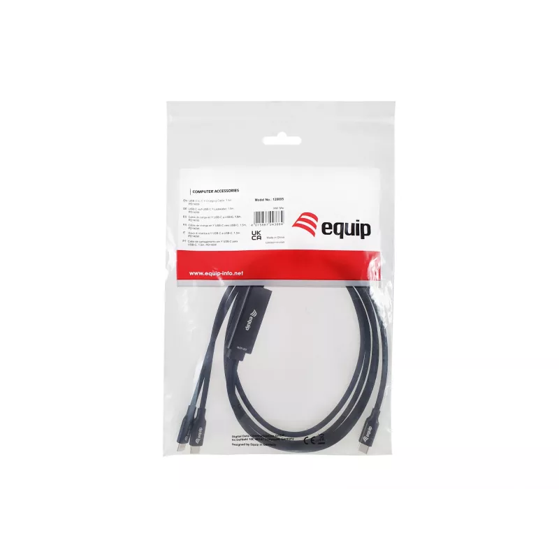 USB-C į 2x USB-C Y formos įkrovimo laidas EQUIP 1,5 m PD 140 W, USB 2.0, juodas