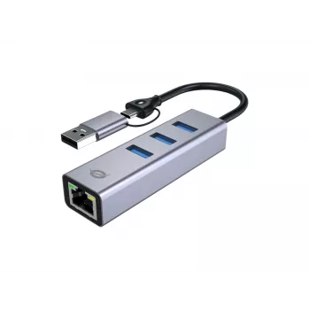 USB-C prie Gigabitinio tinklo adapteris su 3 prievadų USB šakotuvu CONCEPTRONIC ABBY25G — USB 3.2 Gen 1, 1 Gbps Ethernet, 3x USB-A, aliuminis, pilkas
