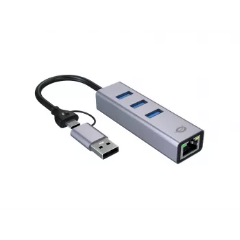 USB-C prie Gigabitinio tinklo adapteris su 3 prievadų USB šakotuvu CONCEPTRONIC ABBY25G — USB 3.2 Gen 1, 1 Gbps Ethernet, 3x USB-A, aliuminis, pilkas