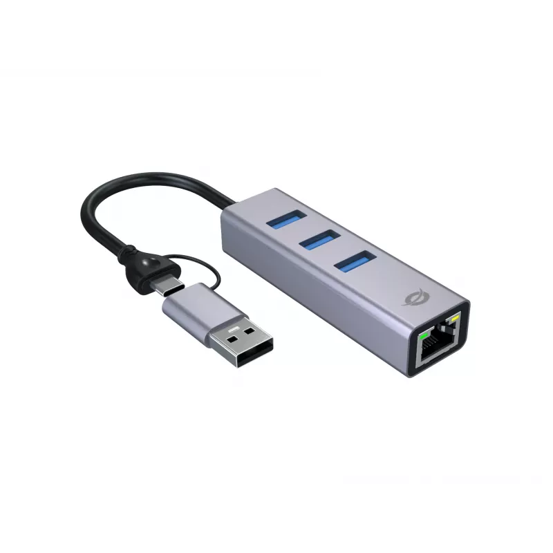 USB-C prie Gigabitinio tinklo adapteris su 3 prievadų USB šakotuvu CONCEPTRONIC ABBY25G — USB 3.2 Gen 1, 1 Gbps Ethernet, 3x USB-A, aliuminis, pilkas